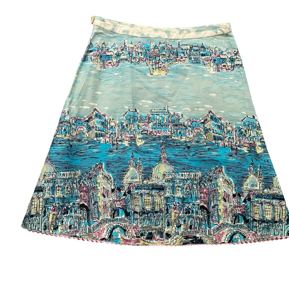 Elevenses Anthropologie Venice Canal Cityscape Cotton A-Line Skirt Blue Size 6